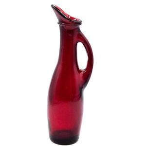 Vintage 1940s Anchor Hocking Royal Ruby Red Glass Pitcher Cruet 7.75" Cadmium